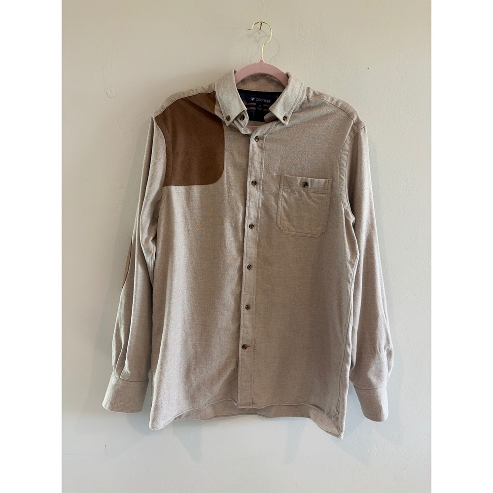 Cremieux Mens Flannel Shirt Tan Cotton Shooting Patch Elbow Patch Medium